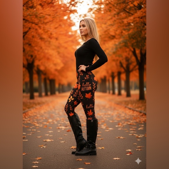 OS/TC/TC2 NEW Womens Thanksgiving Leggings w/Pockets Luxury Fall Leaf Yoga Pants - Picture 6 of 14